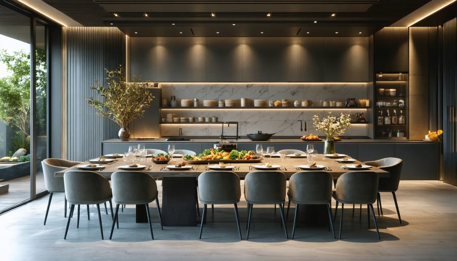 Beautifully set private dining table with fine china, crystal glasses, and ambient lighting