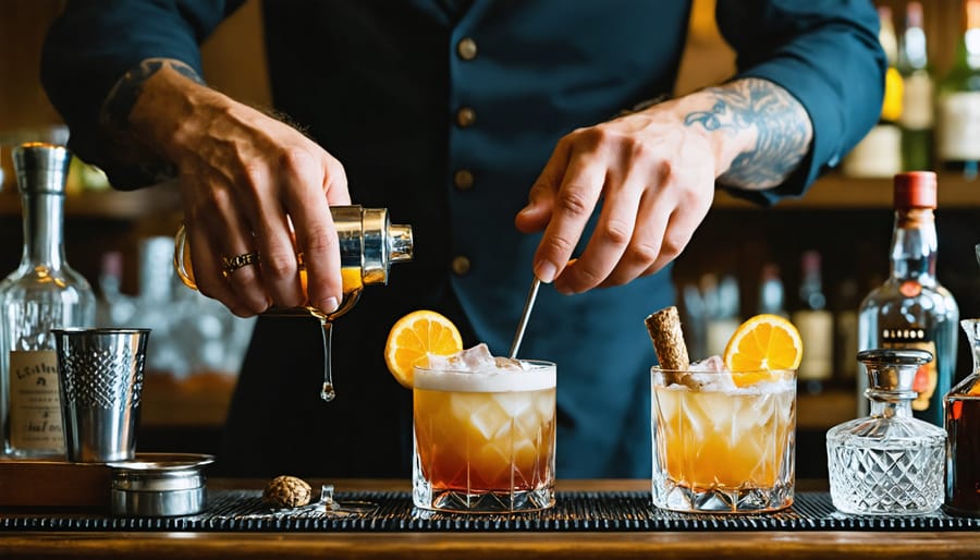 1920s bartender mixing drinks using traditional cocktail equipment and glasses