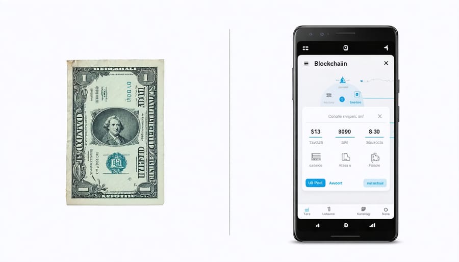 Comparison of traditional restaurant bill versus modern blockchain payment system