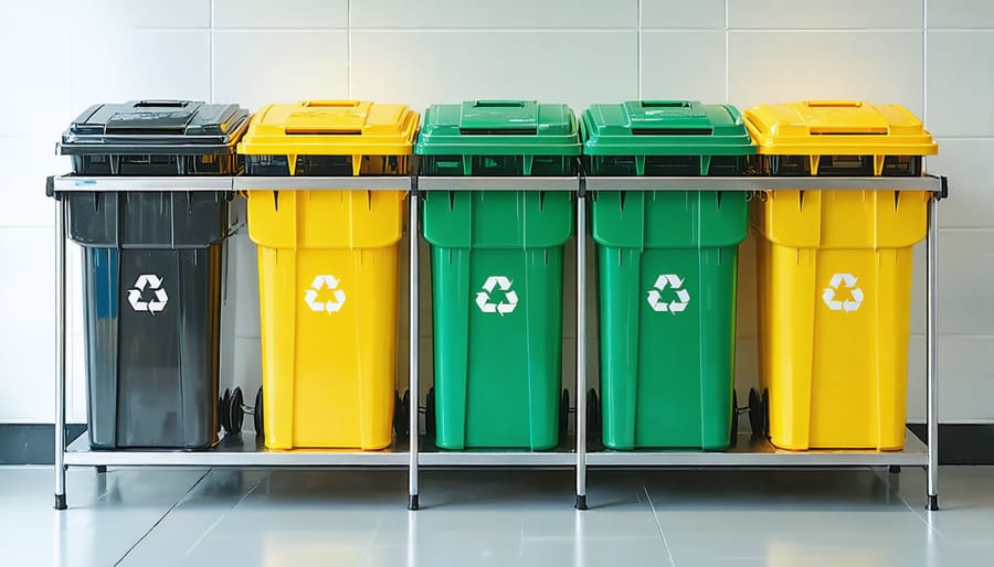 Professional kitchen waste management system showing organized sustainability practices