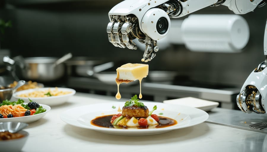 Robotic kitchen assistant carefully placing garnishes on an elegant plate