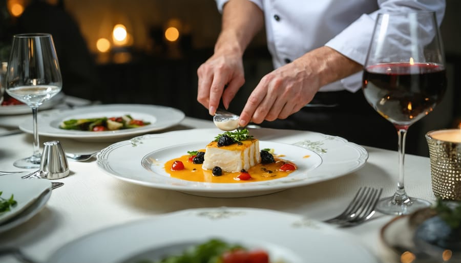 Chef preparing food at an intimate chef's table for a romantic dinner