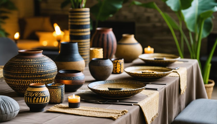 Safari-themed dining table setting with authentic African decorative elements