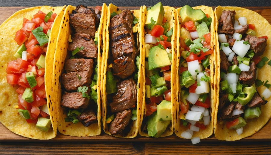 Assortment of authentic Mexican street tacos featuring al pastor, carne asada, and barbacoa with fresh cilantro and lime