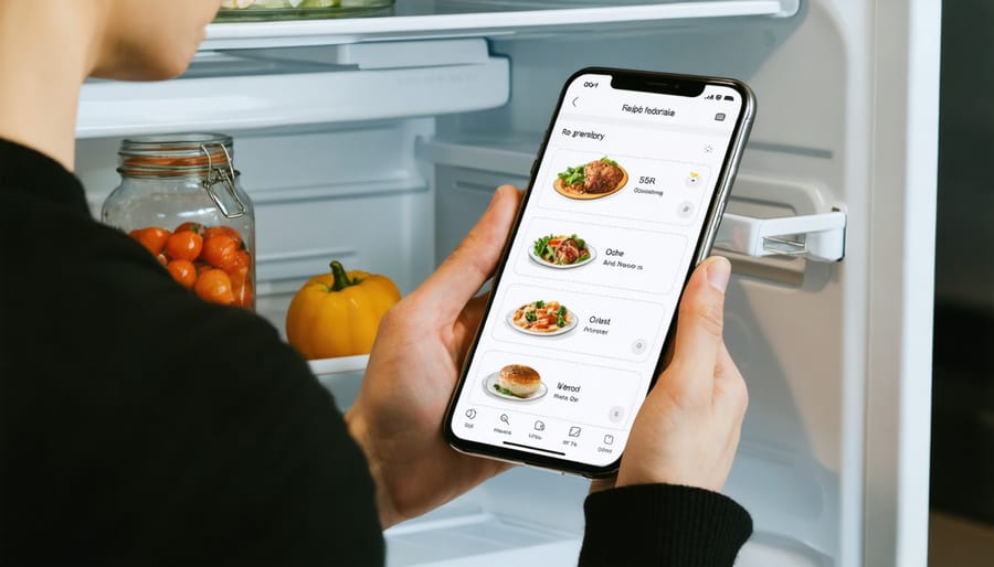 Smart fridge mobile app interface showing food inventory and recipe recommendations