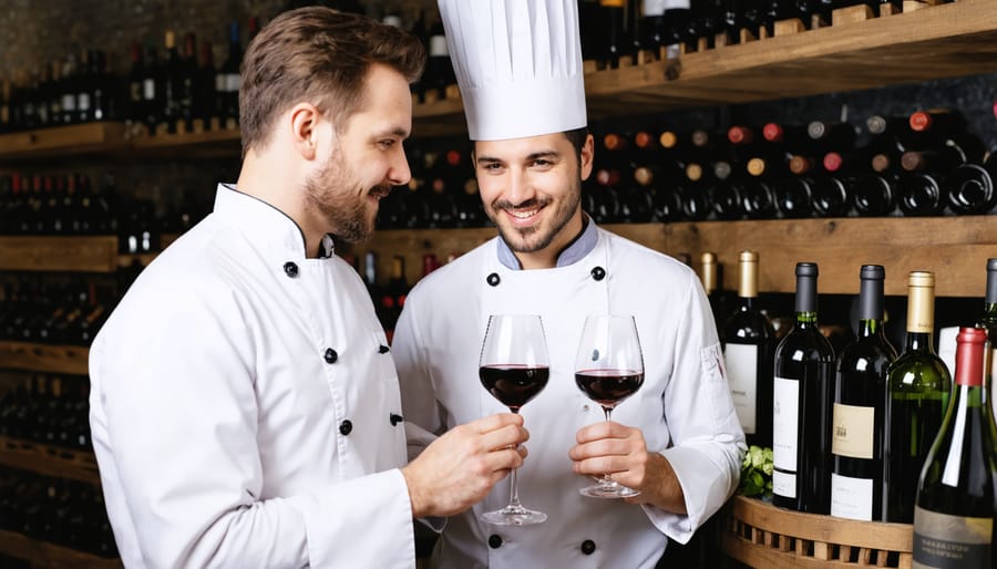 Professional sommelier and chef examining wine bottles while planning dinner pairings