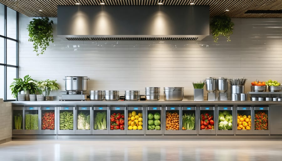 Sustainable commercial kitchen with LED lighting, energy-efficient equipment, and organized recycling system