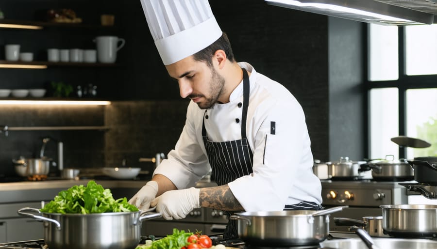 Professional chef preparing food using sustainable kitchen equipment in an upscale restaurant setting