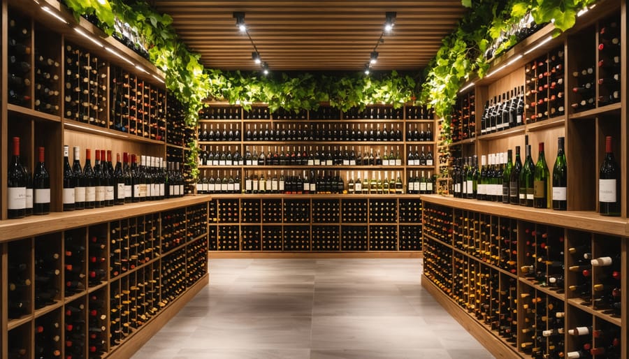 Sophisticated wine cellar featuring sustainably produced wines with modern temperature control systems