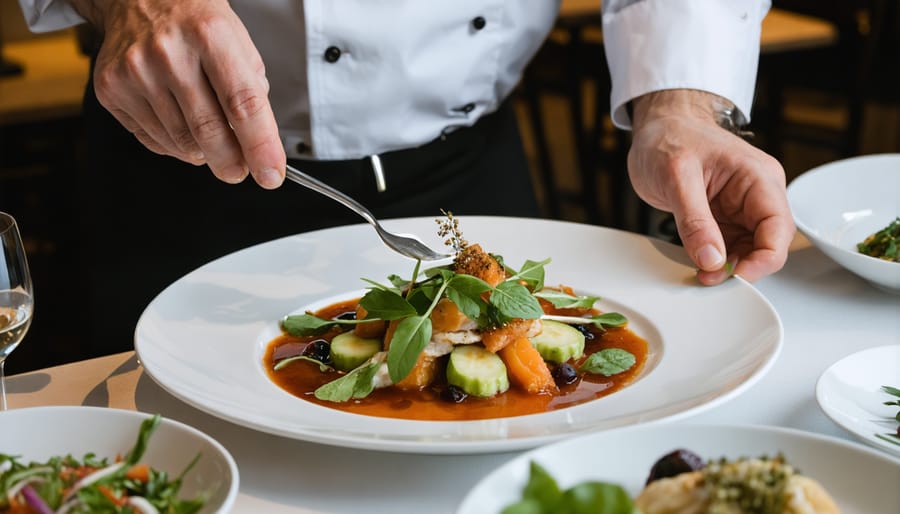 Professional chef carefully arranging seasonal vegetables and edible flowers on a modern ceramic plate