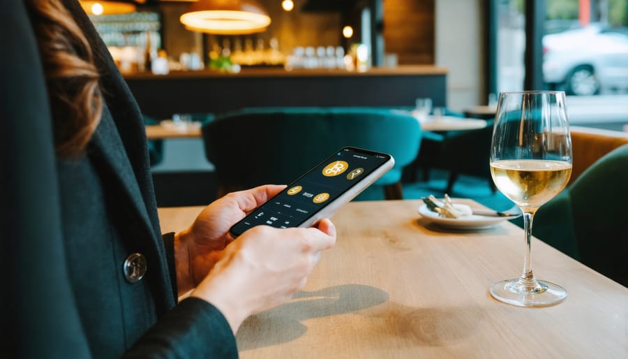Customer making a cryptocurrency payment at an elegant Toronto restaurant