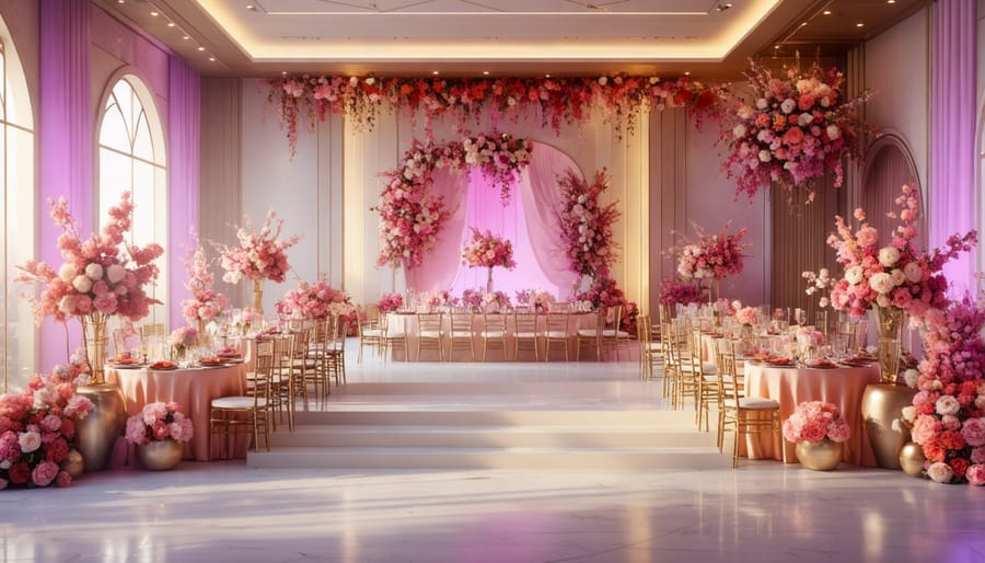 Elegant banquet hall decorated with traditional and modern cultural elements for a fusion celebration