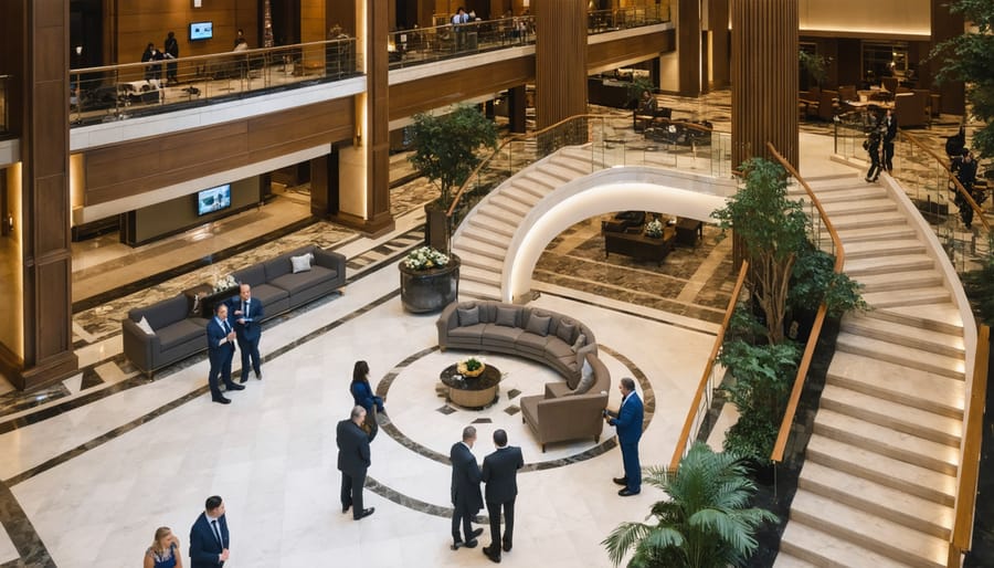 Multicultural hotel staff providing personalized service to guests in an elegant Toronto hotel lobby