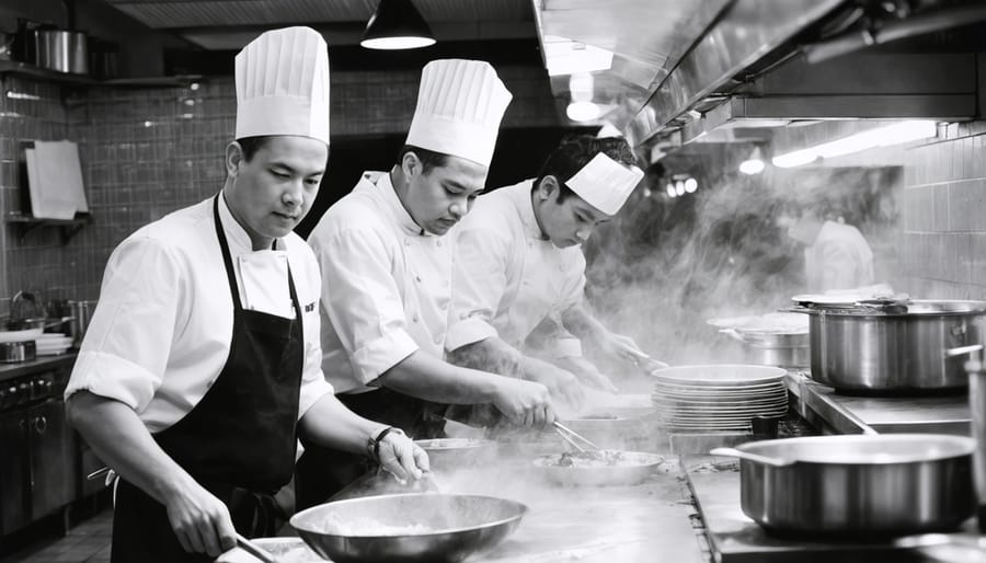 Vintage photograph showing diverse immigrant chefs preparing traditional dishes in early Toronto kitchens