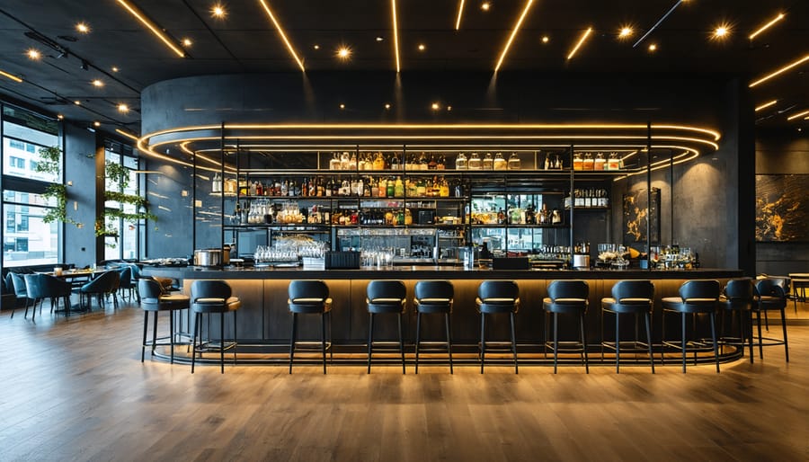 Modern restaurant interior with artistic architectural features and ambient lighting
