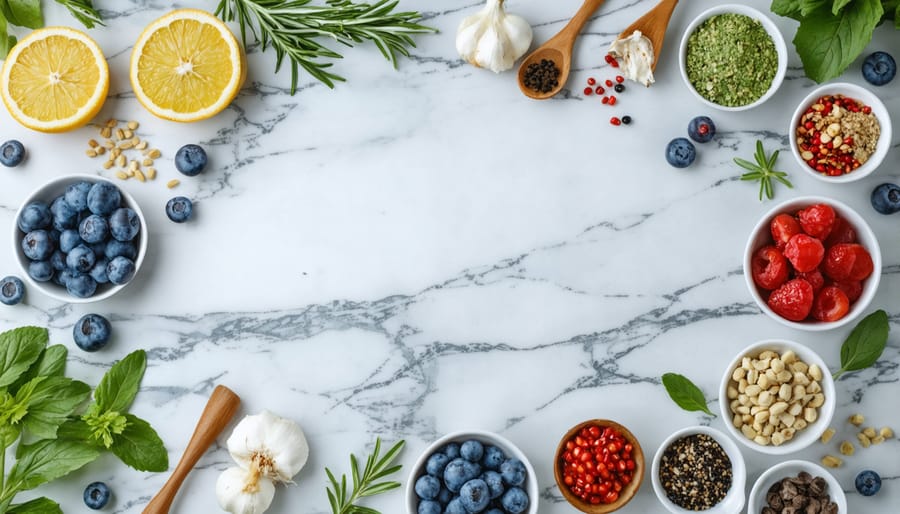 Fresh local Toronto ingredients including produce, herbs, and proteins beautifully displayed