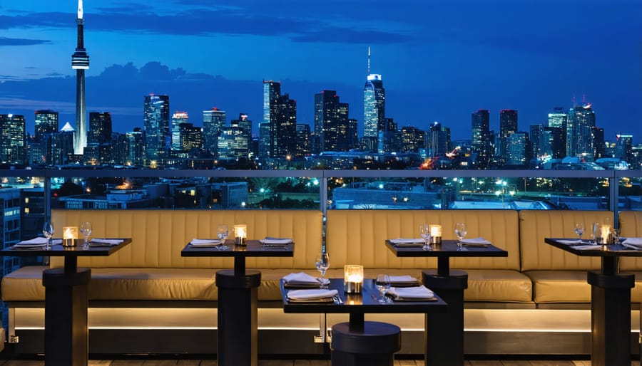 Couples dining on a Toronto rooftop restaurant with city skyline views