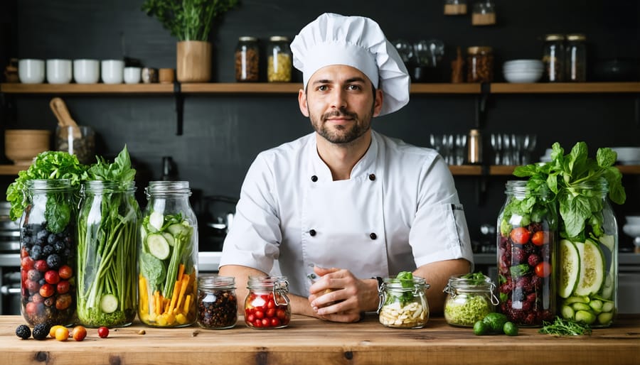 Toronto chef standing in professional kitchen surrounded by preserved ingredients and sustainable cooking equipment