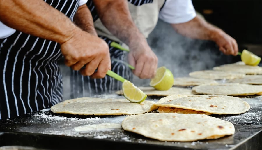 Mexican chef pressing fresh corn tortillas on a hot griddle inside a food truck