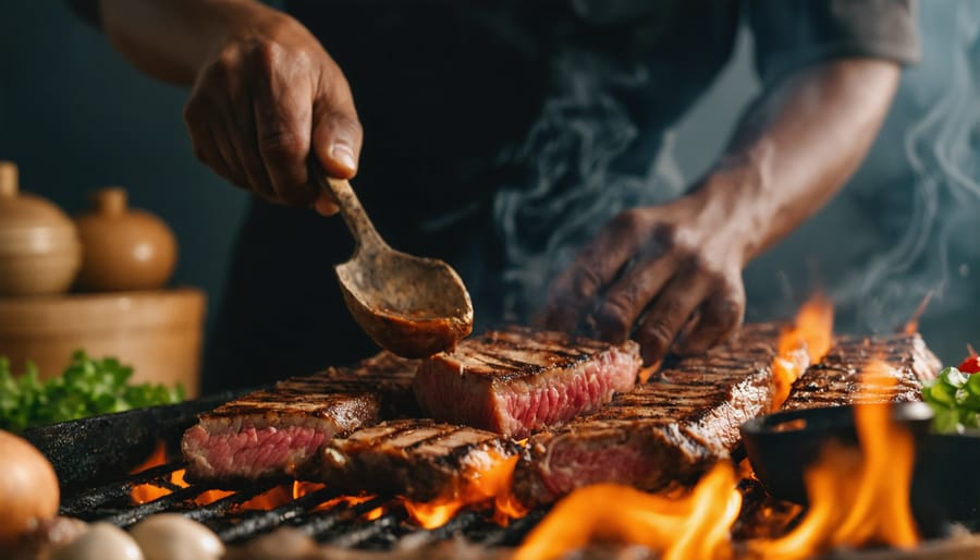 Chef preparing meat on an outdoor grill with African spices and cooking implements