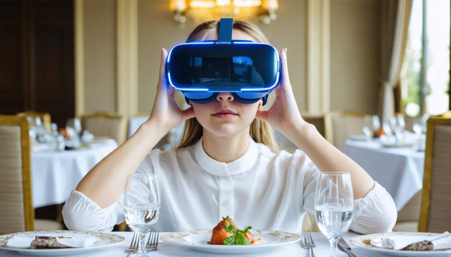 Fine dining guest experiencing virtual reality while seated at an upscale restaurant table