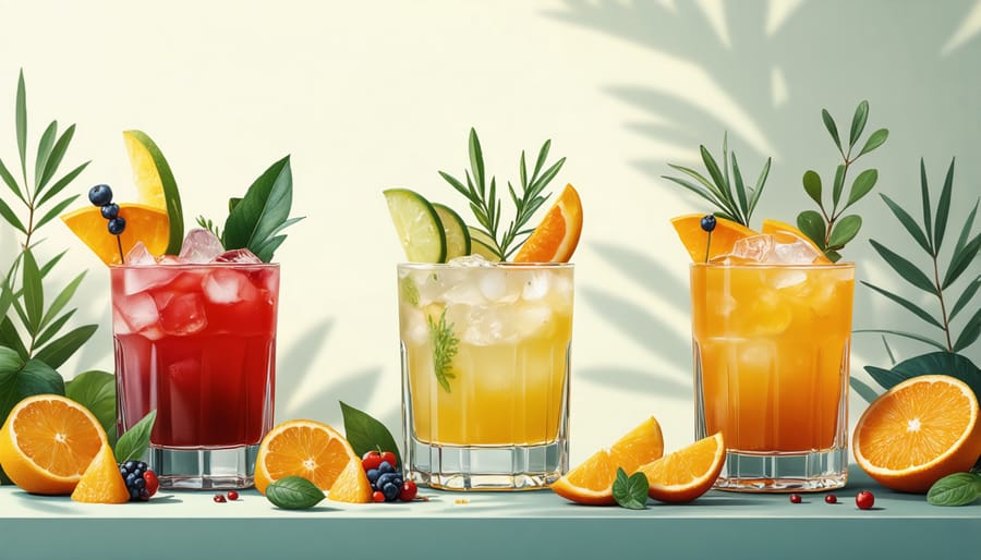 Colorful signature cocktails with creative garnishes served in themed glassware at a zoo event