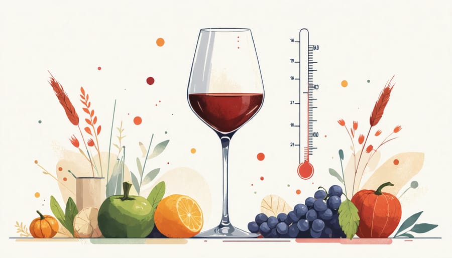 Wine glass with digital thermometer alongside seasonal pairing ingredients