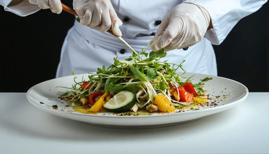 Fine dining chef creating an artistic dish from vegetable stems and leaves that would typically be discarded
