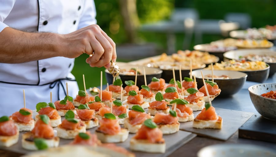 Professional chef plating elegant appetizers at an illuminated outdoor cooking station during evening zoo event