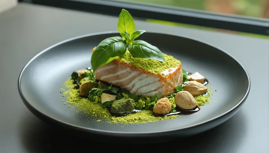 Fine dining plate featuring holy basil leaves and a delicate dusting of ashwagandha powder