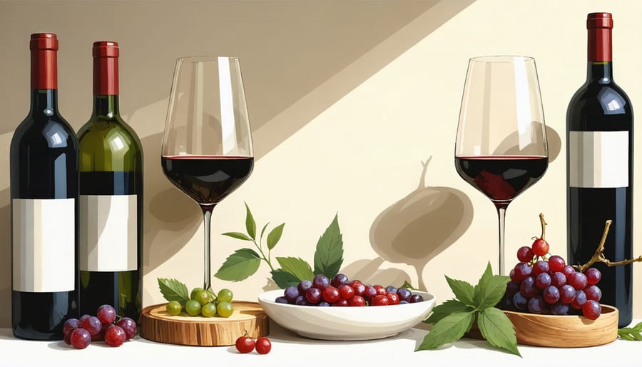 Elegant table setting with wine glasses, decanted red wine, and arranged adaptogenic herbs