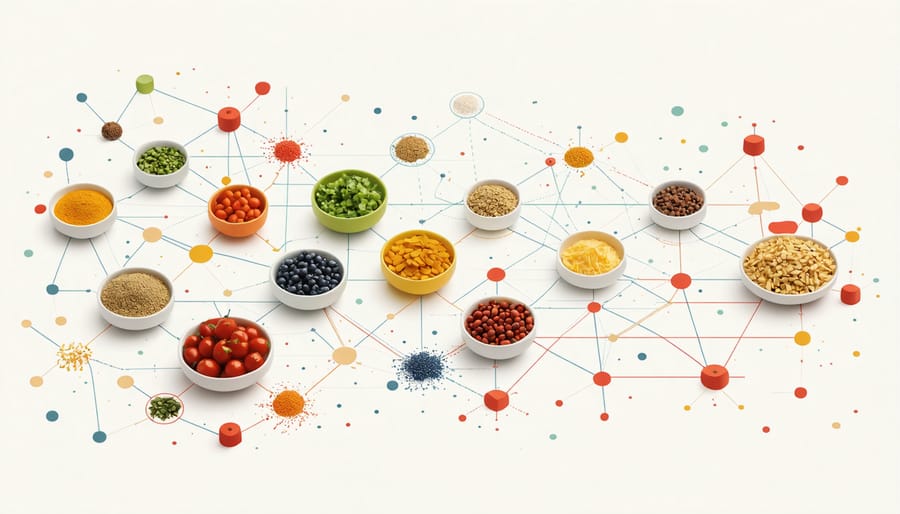 Digital visualization of AI-powered flavor analysis system with connected ingredient nodes