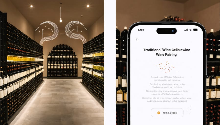 Composite image of traditional wine storage meeting modern AI wine pairing technology