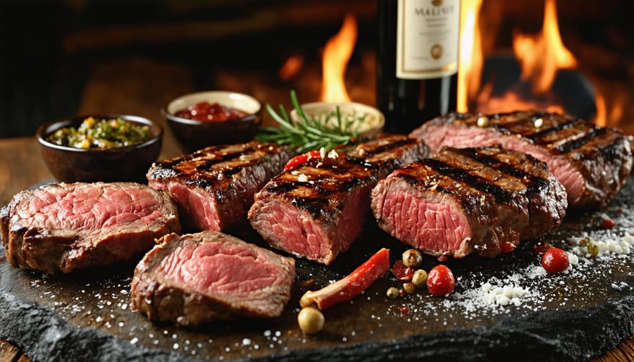 Traditional Argentine barbecue display featuring grilled meats and red wine selection