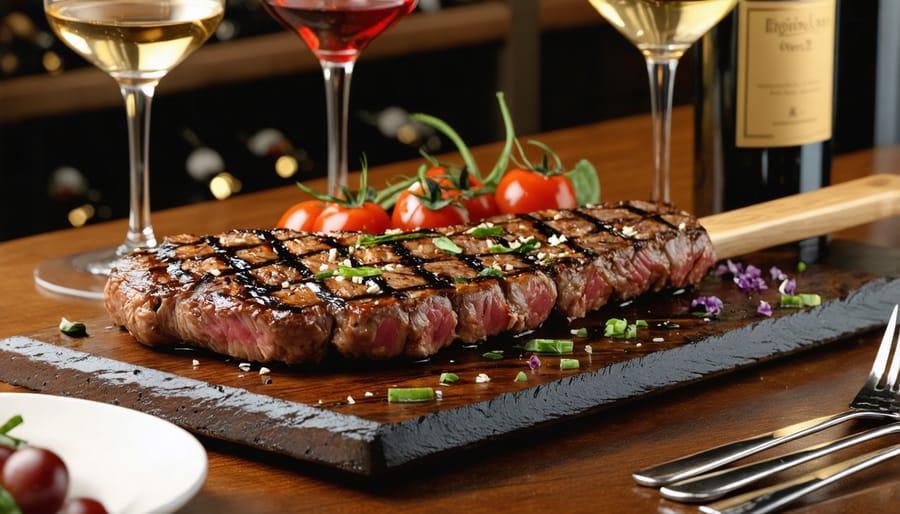 Professional server carving Brazilian-style grilled meats tableside with wine display