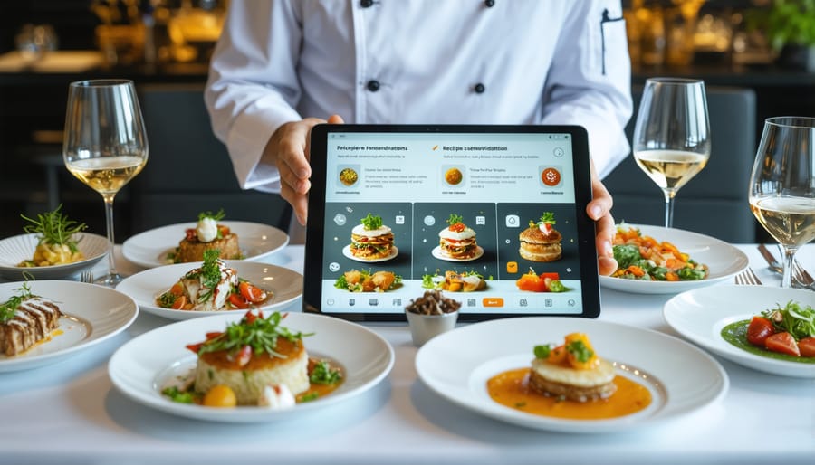 Chef reviewing AI recipe suggestions on tablet while preparing personalized dishes