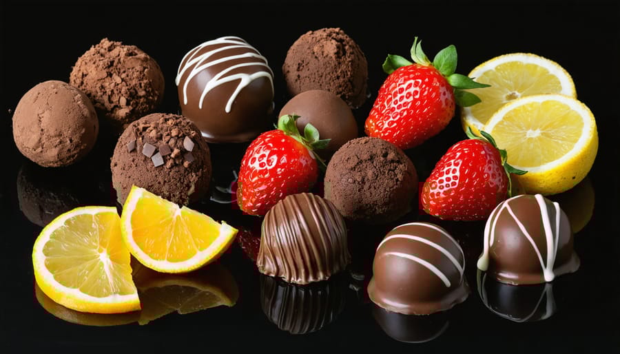 Artisanal chocolate truffles paired with fresh raspberries, blackberries, and orange segments on a marble surface