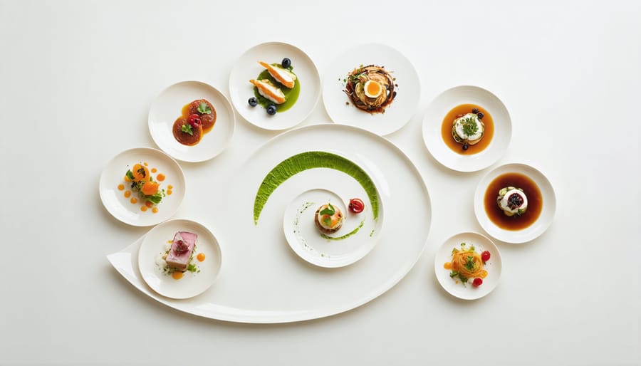Eight course tasting menu dishes arranged in an artistic spiral presentation