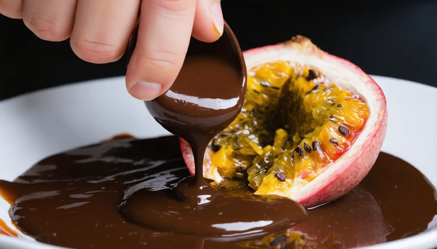 Master chocolatier hand-dipping golden passion fruit in tempered dark chocolate