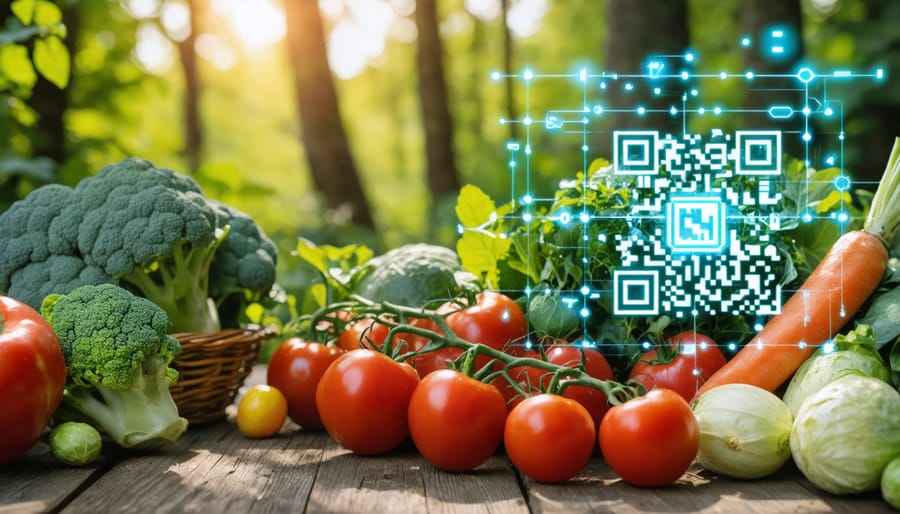 Fresh vegetables with scannable QR code displaying source and journey information