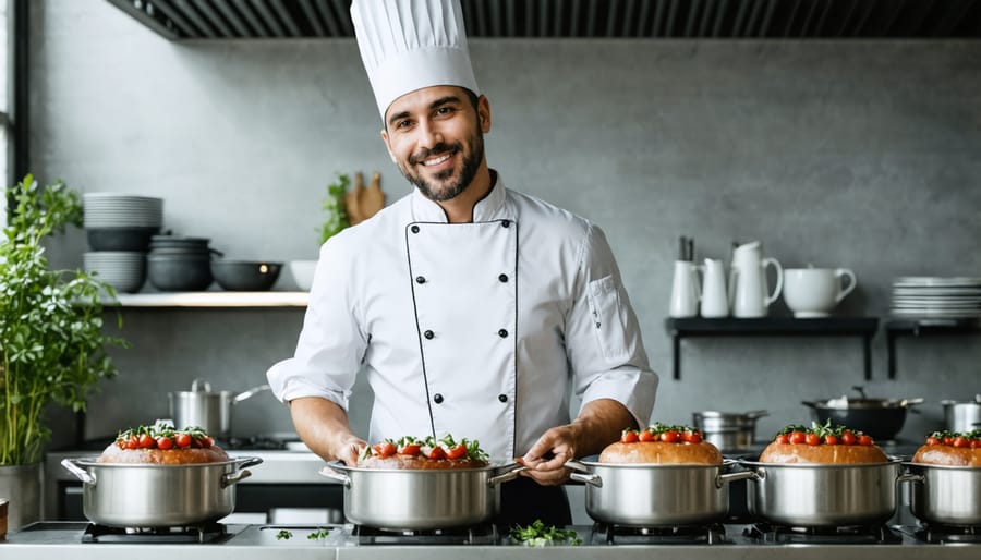 Professional chef working in a technological ghost kitchen with multiple digital order displays