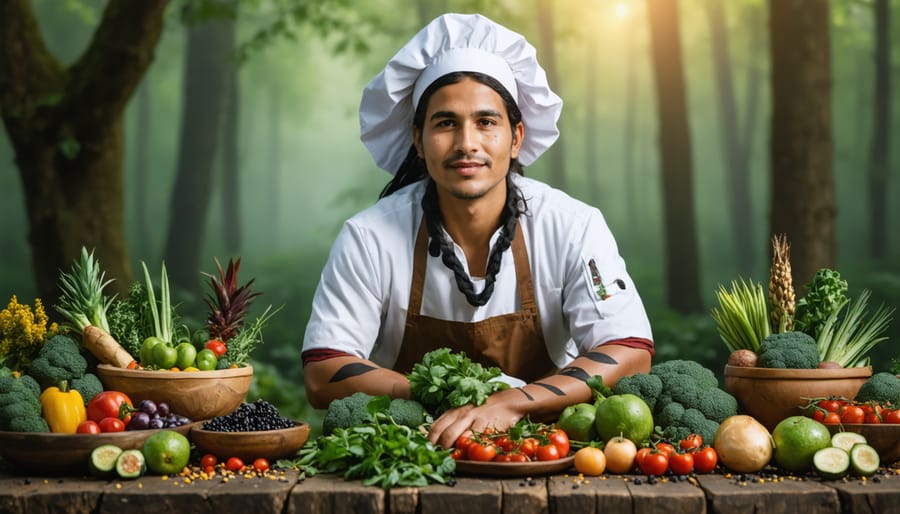 Native chef carefully harvesting wild mushrooms and herbs from Toronto area forest floor