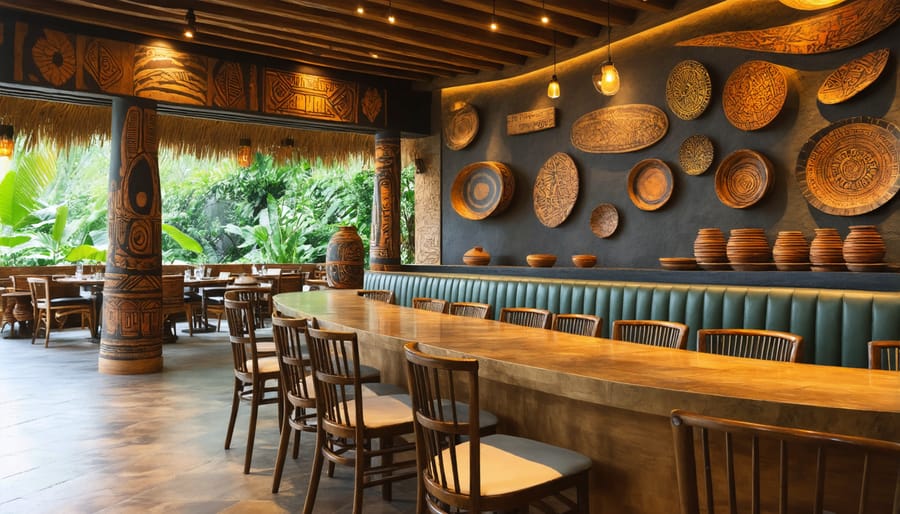 Modern fine dining restaurant interior with Indigenous artwork, natural materials, and sophisticated lighting