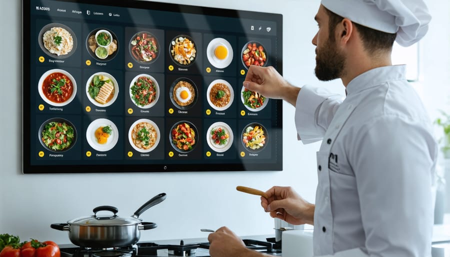 Interactive kitchen display system demonstrating smart cooking interface and recipe guidance