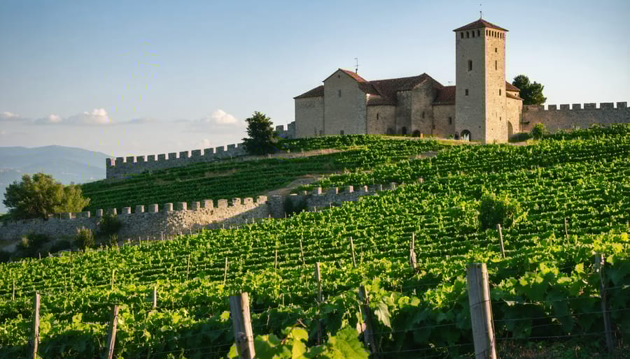 Historic European monastery vineyard showing traditional terracing techniques and architecture