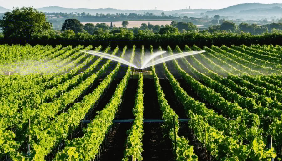 Contemporary vineyard showcasing sustainable technology including solar-powered sensors and precise irrigation systems