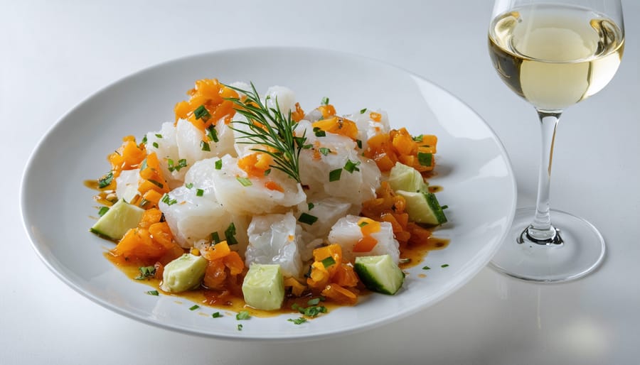 Fresh seafood ceviche garnished with corn and sweet potato, paired with a glass of white wine