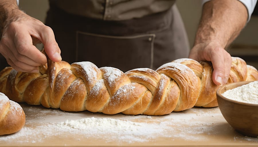 Portuguese baker teaching their child how to braid traditional sweet bread dough