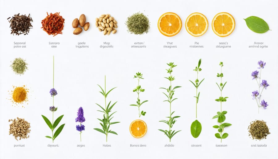 Artistic arrangement of seasonal adaptogenic herbs and mushrooms divided into four seasonal quadrants