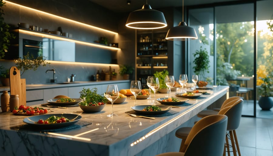 Luxury kitchen space with integrated smart lighting and connected appliances during entertainment